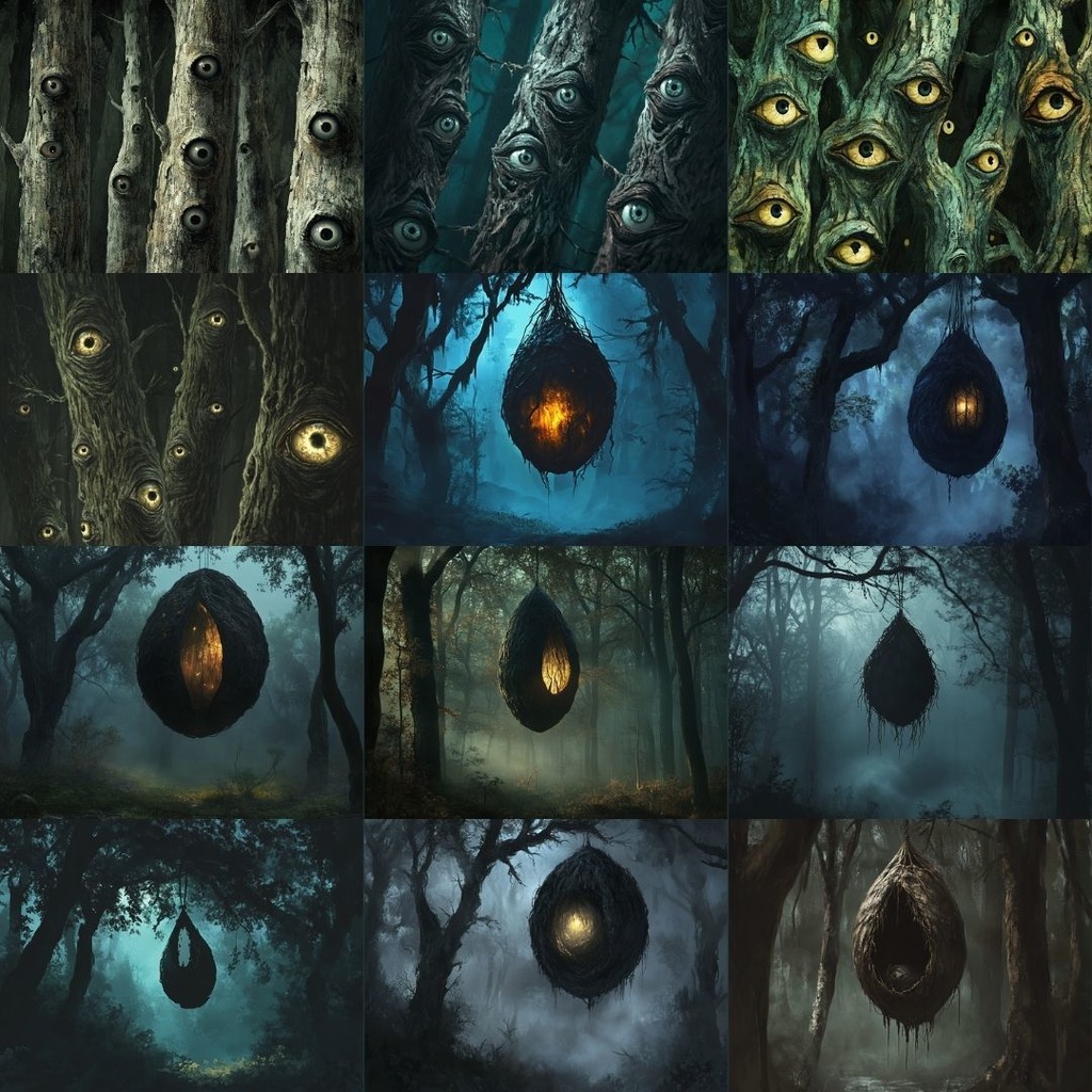 【TRPG背景素材】異形の森パック69枚|ねじれた木々・人面の木・幹から見る目・澱んだ水面・異様な繭・読めない標識・白骨化・紫色の花