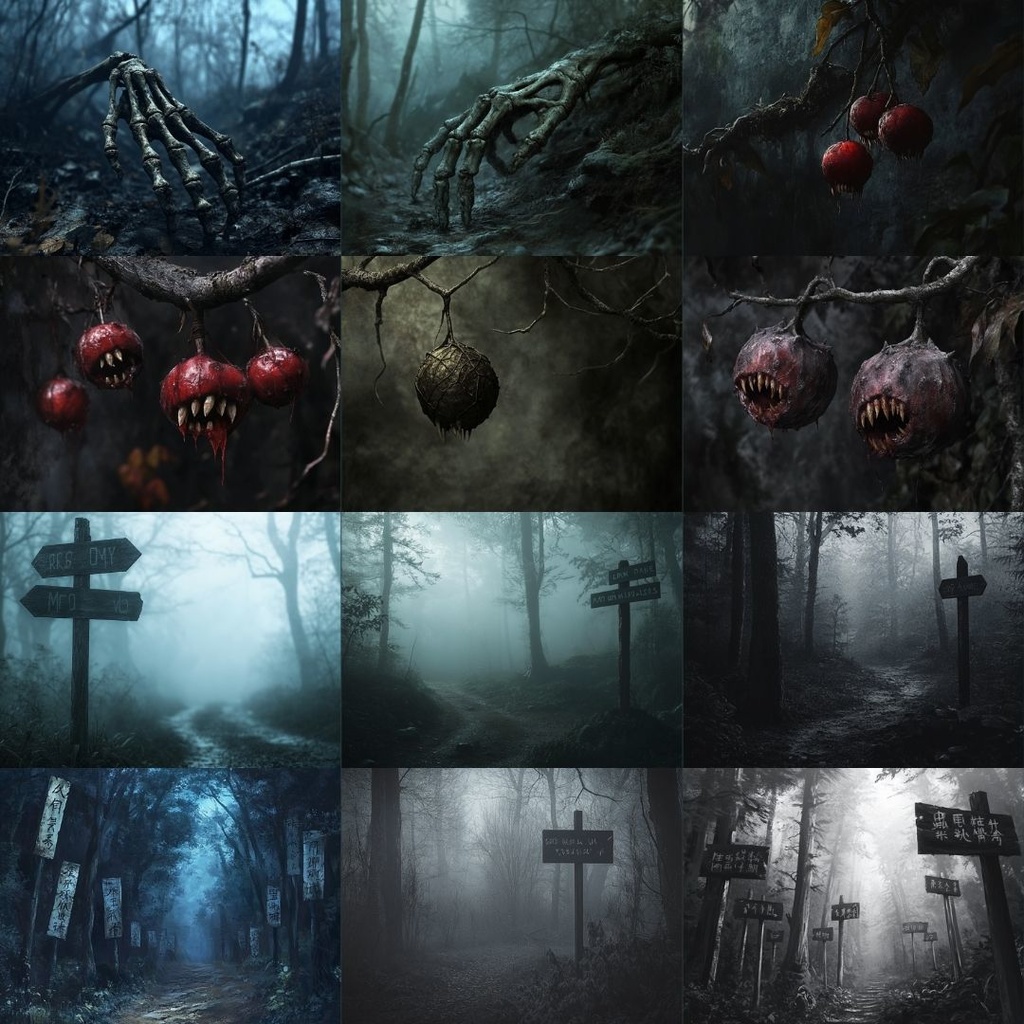 【TRPG背景素材】異形の森パック69枚|ねじれた木々・人面の木・幹から見る目・澱んだ水面・異様な繭・読めない標識・白骨化・紫色の花