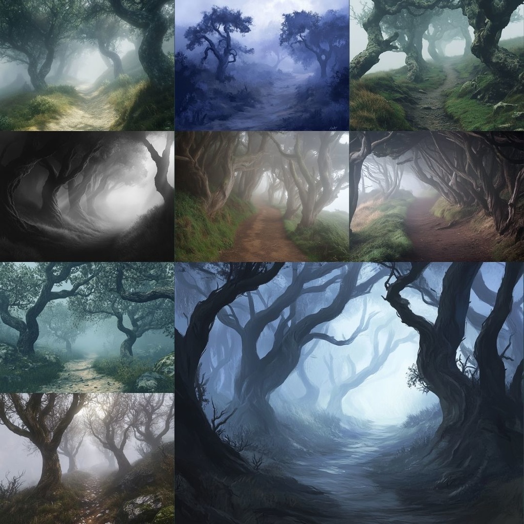 【TRPG背景素材】異形の森パック69枚|ねじれた木々・人面の木・幹から見る目・澱んだ水面・異様な繭・読めない標識・白骨化・紫色の花