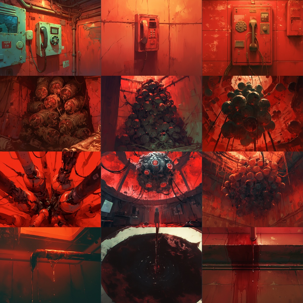 【TRPG背景素材】赤の地下施設パック80枚|監視モニター・赤黒い液体・廊下・手形・実験カプセル・電話・立ち入り禁止テープ・数式・階段・倉庫