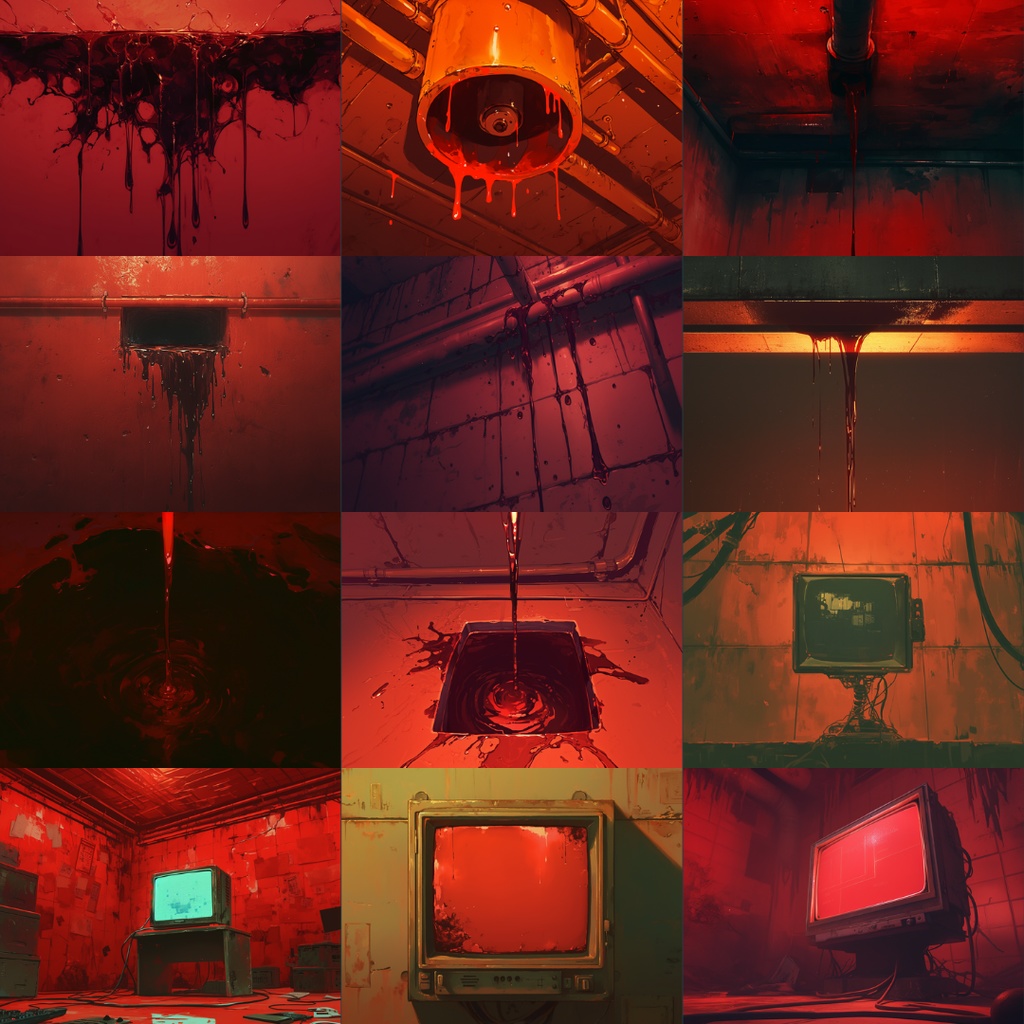 【TRPG背景素材】赤の地下施設パック80枚|監視モニター・赤黒い液体・廊下・手形・実験カプセル・電話・立ち入り禁止テープ・数式・階段・倉庫