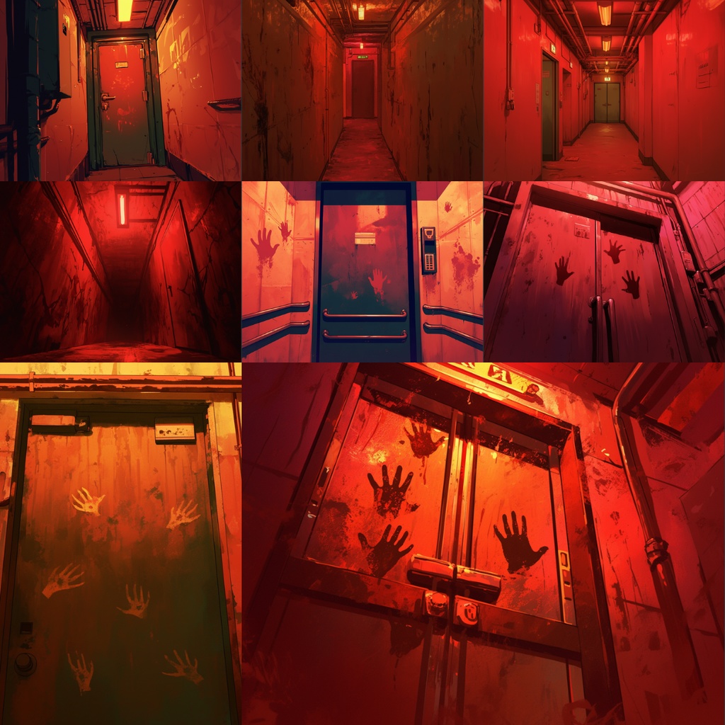 【TRPG背景素材】赤の地下施設パック80枚|監視モニター・赤黒い液体・廊下・手形・実験カプセル・電話・立ち入り禁止テープ・数式・階段・倉庫
