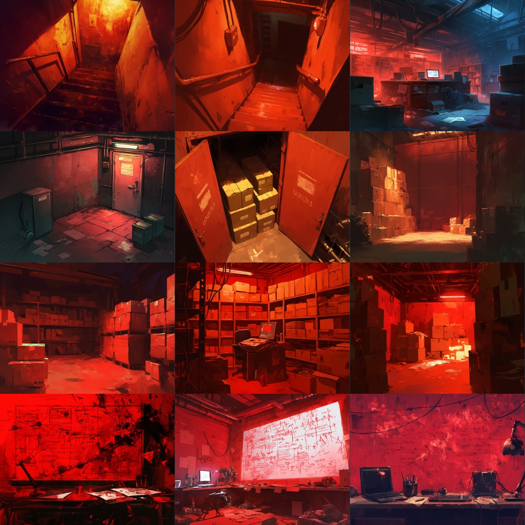 【TRPG背景素材】赤の地下施設パック80枚|監視モニター・赤黒い液体・廊下・手形・実験カプセル・電話・立ち入り禁止テープ・数式・階段・倉庫