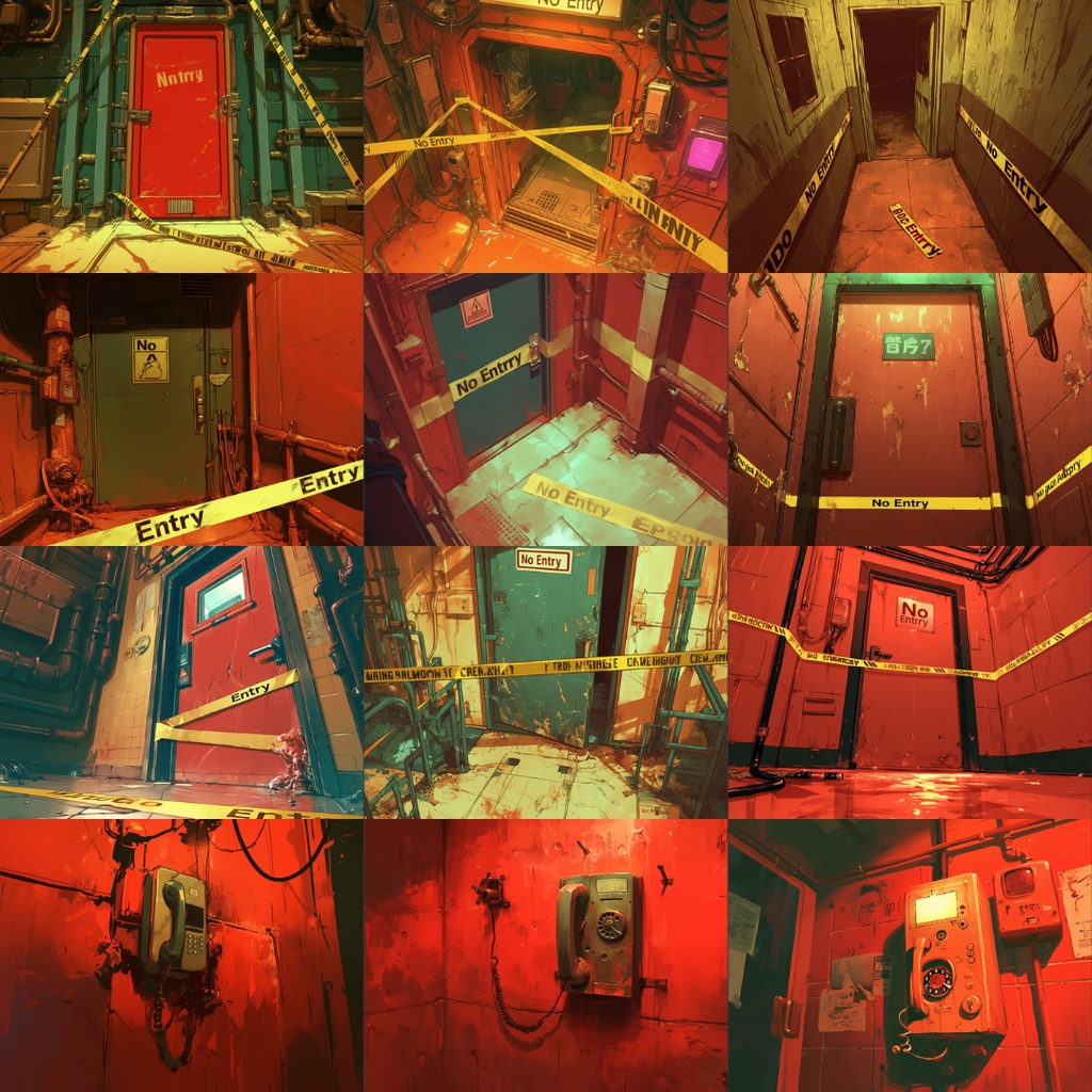 【TRPG背景素材】赤の地下施設パック80枚|監視モニター・赤黒い液体・廊下・手形・実験カプセル・電話・立ち入り禁止テープ・数式・階段・倉庫