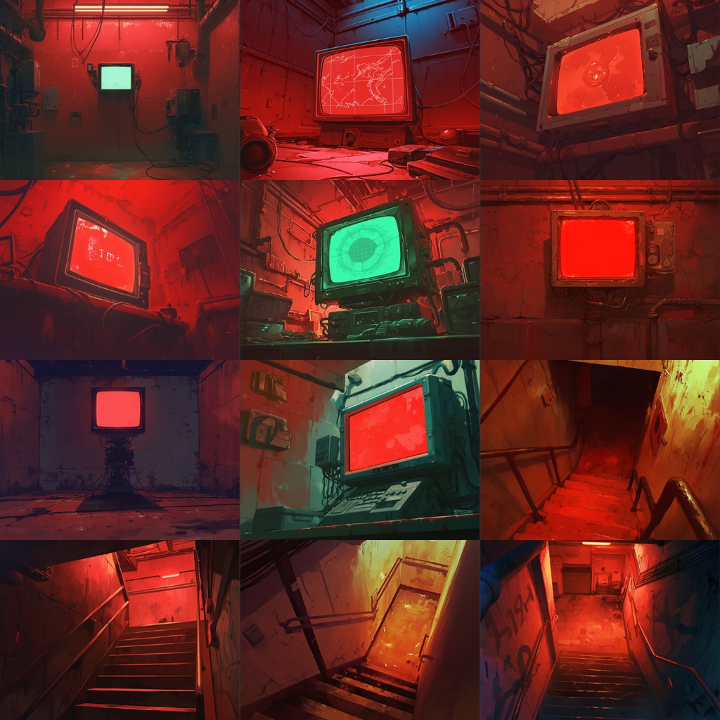 【TRPG背景素材】赤の地下施設パック80枚|監視モニター・赤黒い液体・廊下・手形・実験カプセル・電話・立ち入り禁止テープ・数式・階段・倉庫