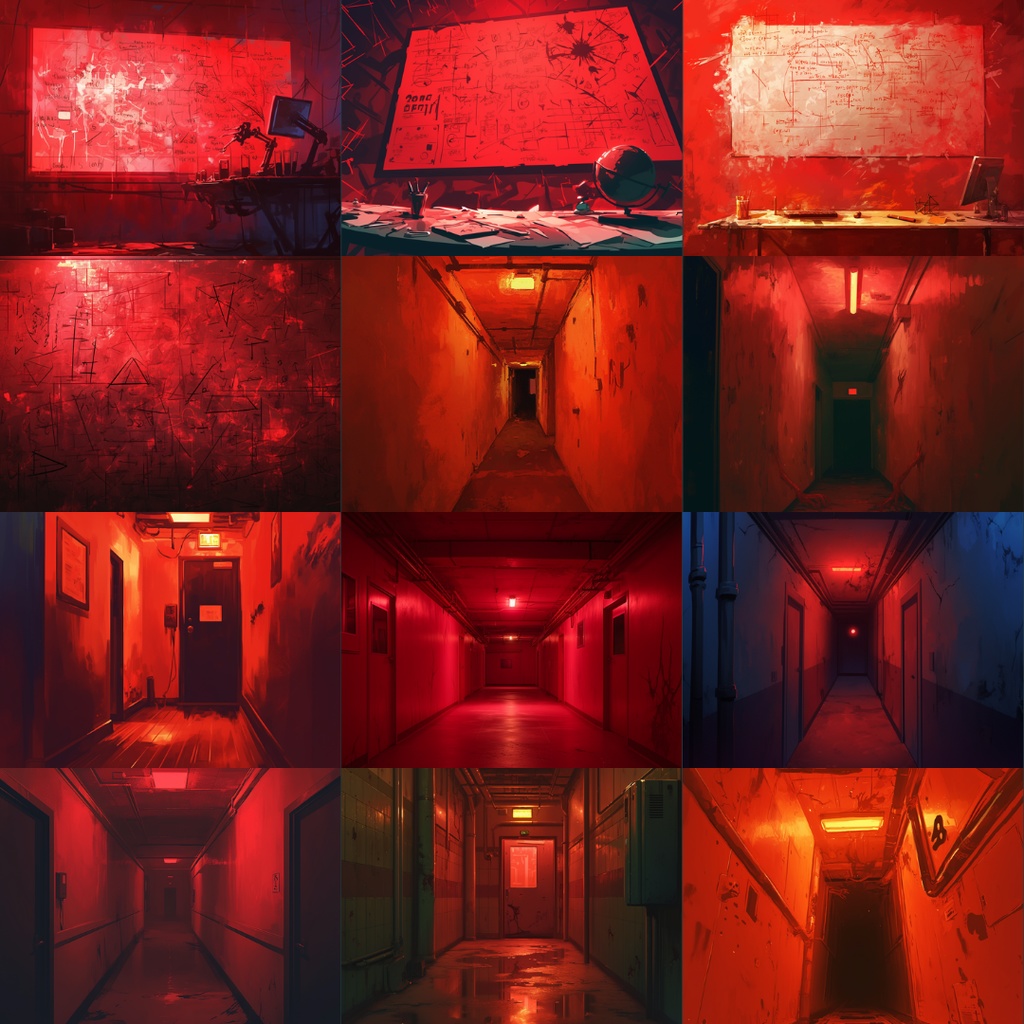 【TRPG背景素材】赤の地下施設パック80枚|監視モニター・赤黒い液体・廊下・手形・実験カプセル・電話・立ち入り禁止テープ・数式・階段・倉庫