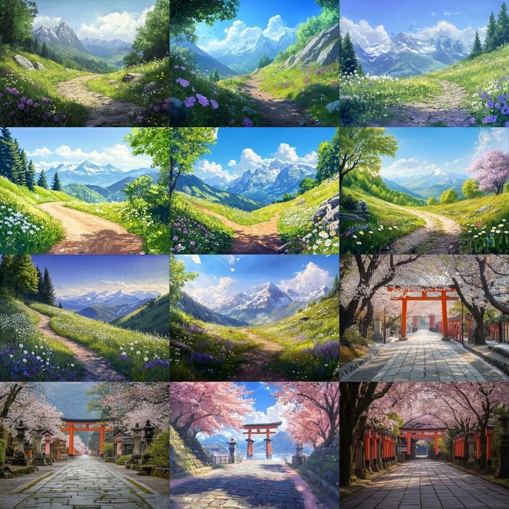 【TRPG背景素材】春の景色パック68枚|遊歩道・庭園・参道・ベンチ・駅のホーム・山道・学校・湖畔