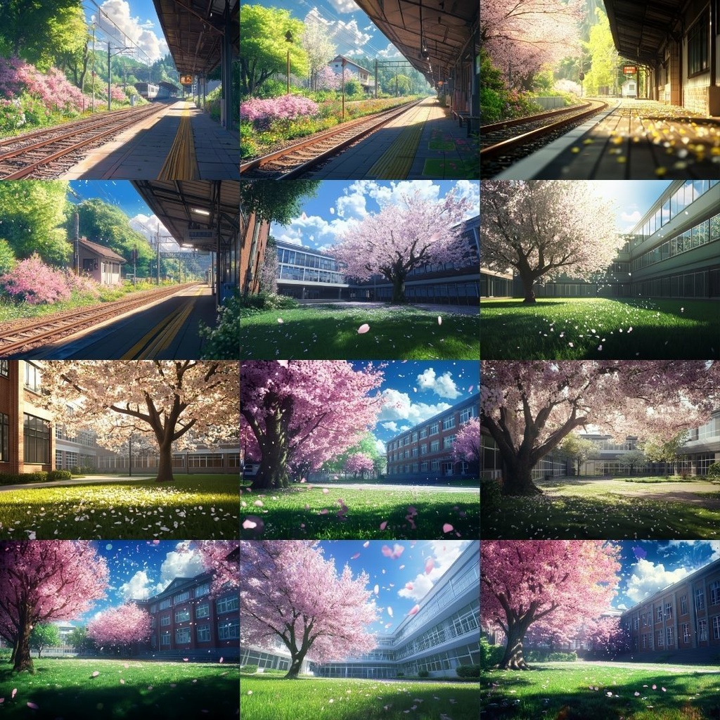 【TRPG背景素材】春の景色パック68枚|遊歩道・庭園・参道・ベンチ・駅のホーム・山道・学校・湖畔