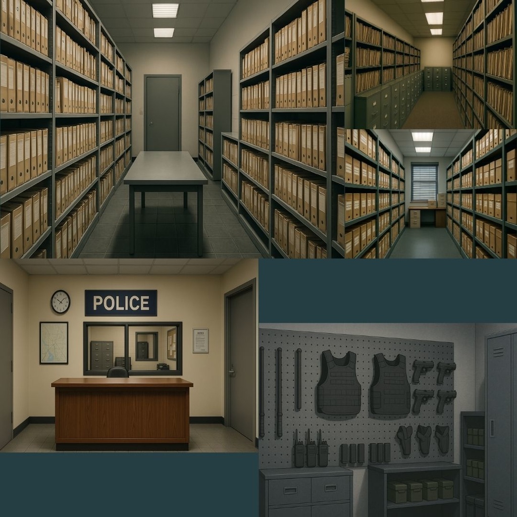 厳選|【TRPG背景素材】警察署パック53枚|取調室・資料庫・オフィス・武器庫・牢屋