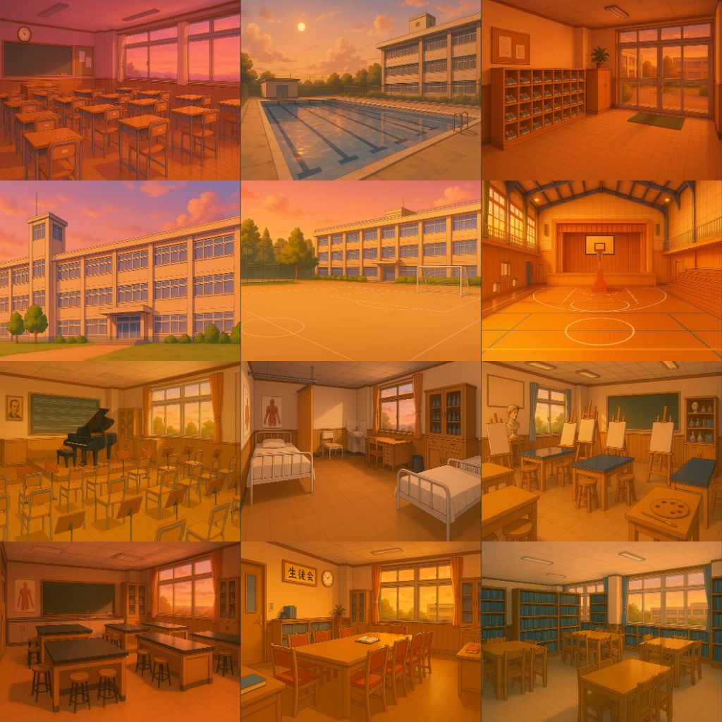 厳選|【TRPG背景素材】学校パック|夕方15枚|教室・外観・玄関・音楽室・職員室etc