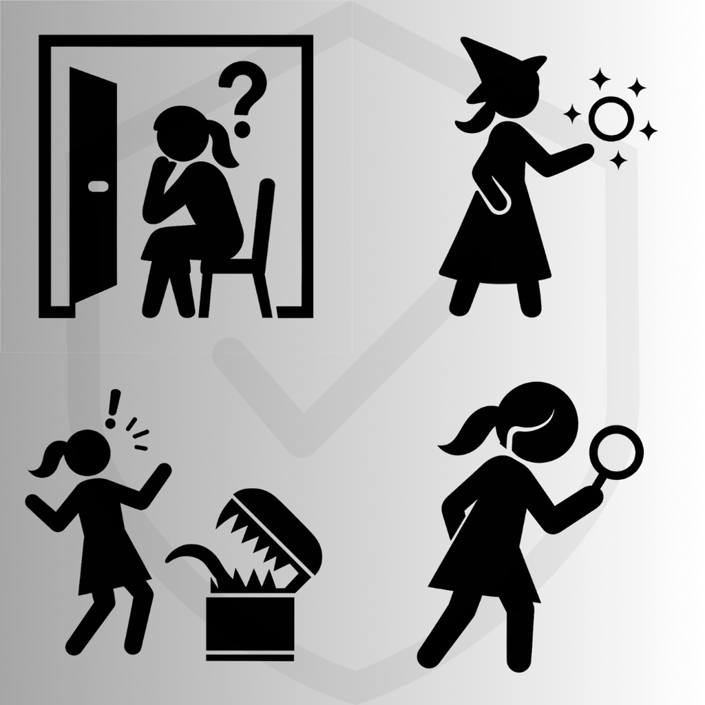 【透過済20点】女性ピクトグラム【png】ニッチな素材集|アナウンス・レベルアップ・セーブポイント・待機中・探索中・魔法詠唱中etc