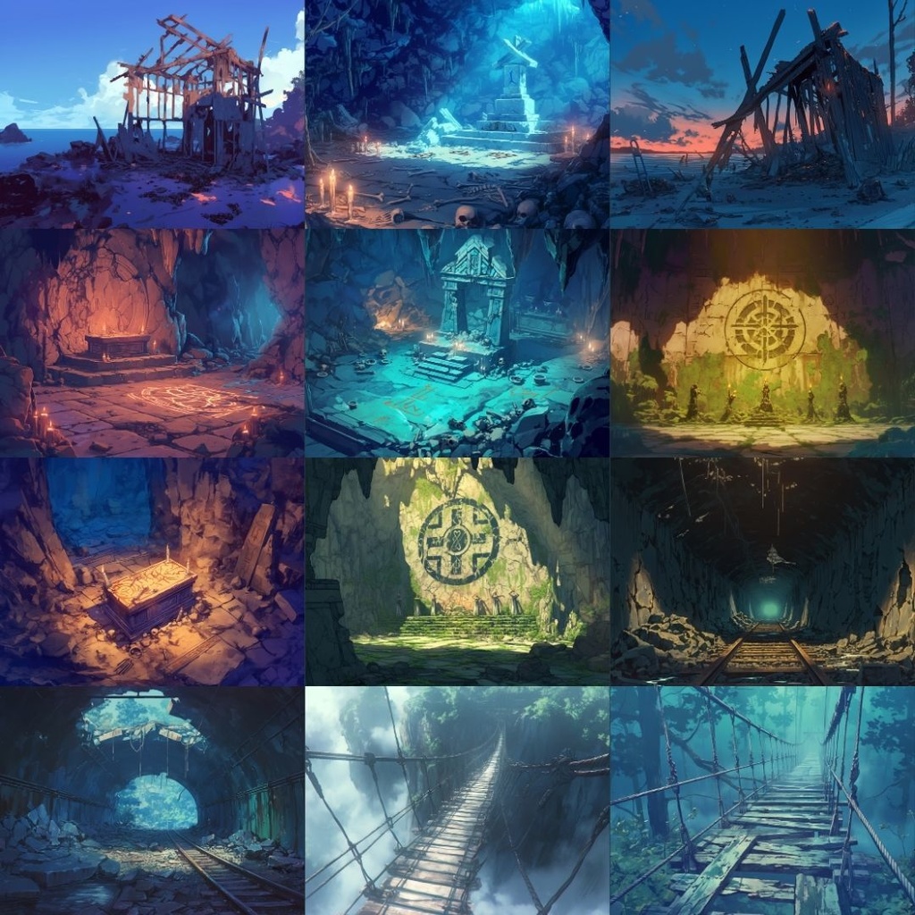 【TRPG背景素材】怪しい島パック140枚|森・海・桟橋・地下通路・地下洞窟・祭壇・空・地図・時計・鍵・部屋・小屋・本・壁画