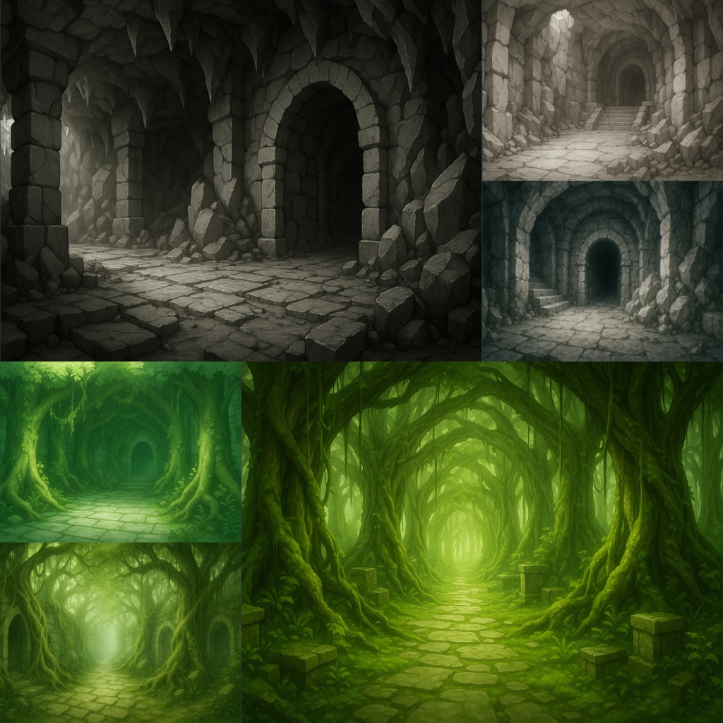 厳選|【TRPG背景素材】ダンジョンパック35枚|炎・水・氷・木・雷・闇・岩・毒・深海・安全区間・ベースキャンプ