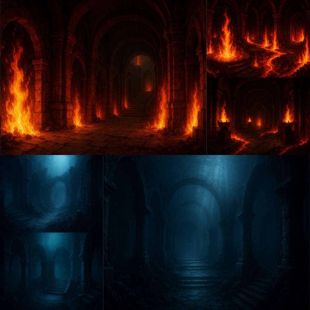 厳選|【TRPG背景素材】ダンジョンパック35枚|炎・水・氷・木・雷・闇・岩・毒・深海・安全区間・ベースキャンプ