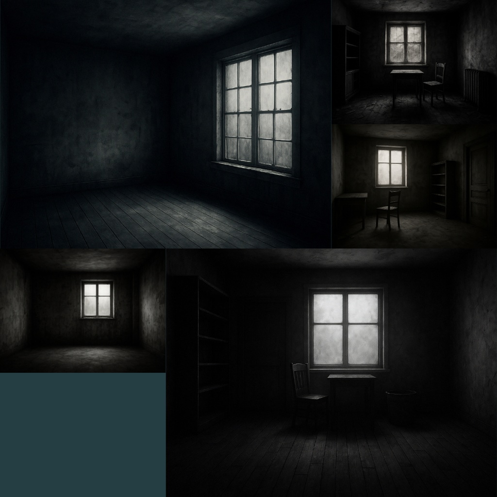 【TRPG背景素材】薄暗い家パック35枚|書斎・物置・子供部屋・スポットライトに照らされた椅子・本棚・階段