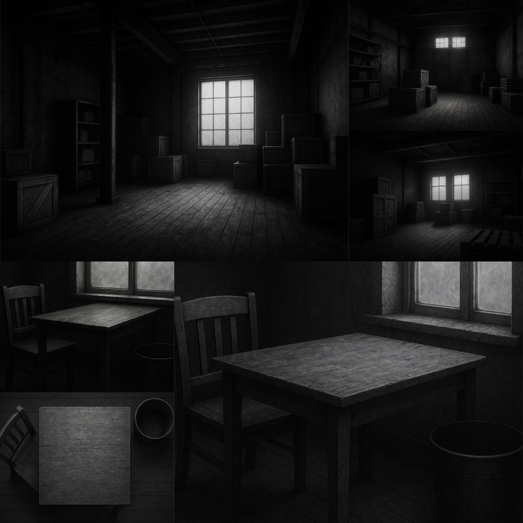 【TRPG背景素材】薄暗い家パック35枚|書斎・物置・子供部屋・スポットライトに照らされた椅子・本棚・階段