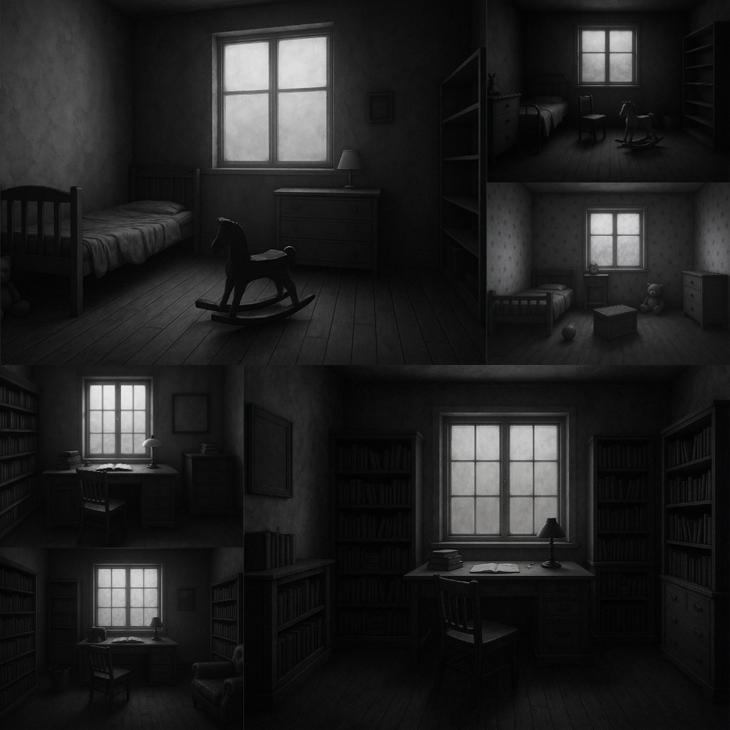 【TRPG背景素材】薄暗い家パック35枚|書斎・物置・子供部屋・スポットライトに照らされた椅子・本棚・階段