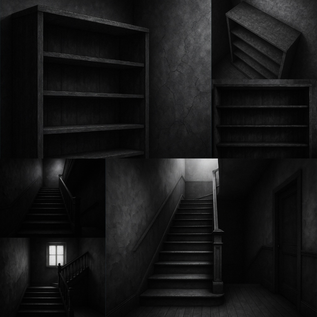 【TRPG背景素材】薄暗い家パック35枚|書斎・物置・子供部屋・スポットライトに照らされた椅子・本棚・階段