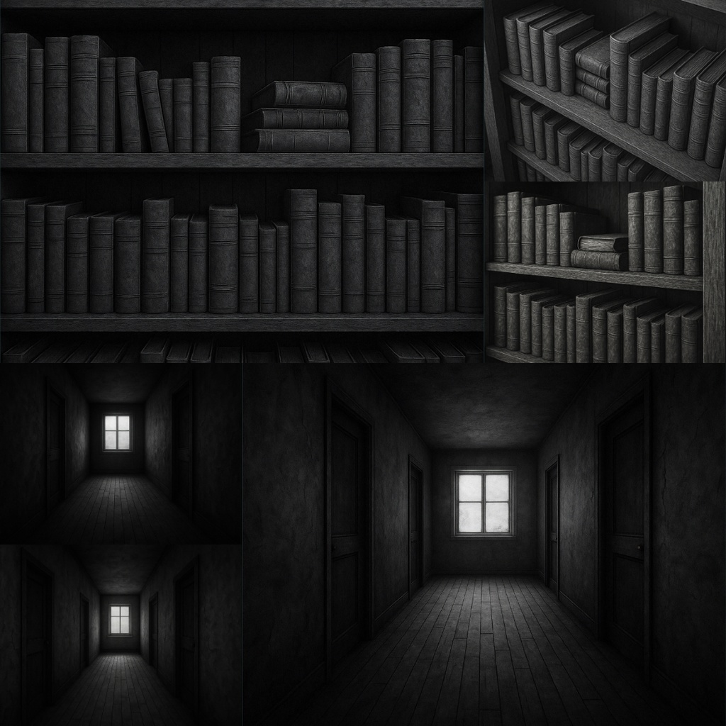 【TRPG背景素材】薄暗い家パック35枚|書斎・物置・子供部屋・スポットライトに照らされた椅子・本棚・階段