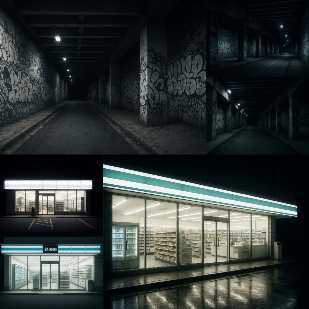 【TRPG背景素材】ダークな世界観63枚|ショッピングモール・深夜コンビニ・廃工場・地下道・研究所・教室・コインランドリー・地下鉄etc