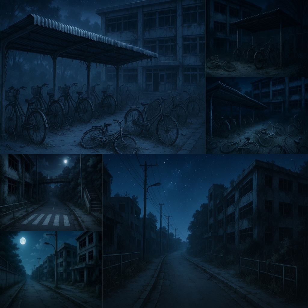 【TRPG背景素材】不穏な通学パック69枚|駐輪場・通学路・空き地・無人駅・校門・住宅街・バス停・無人電車etc