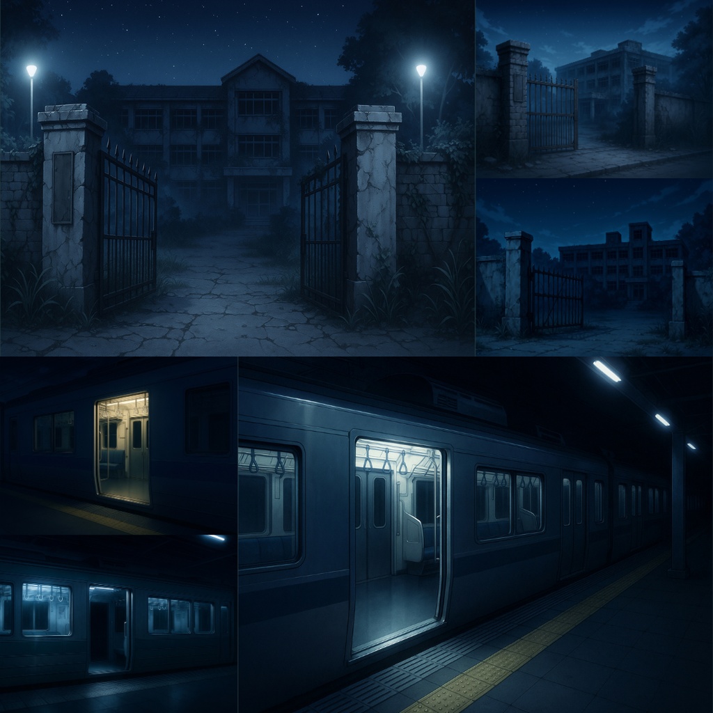 【TRPG背景素材】不穏な通学パック69枚|駐輪場・通学路・空き地・無人駅・校門・住宅街・バス停・無人電車etc