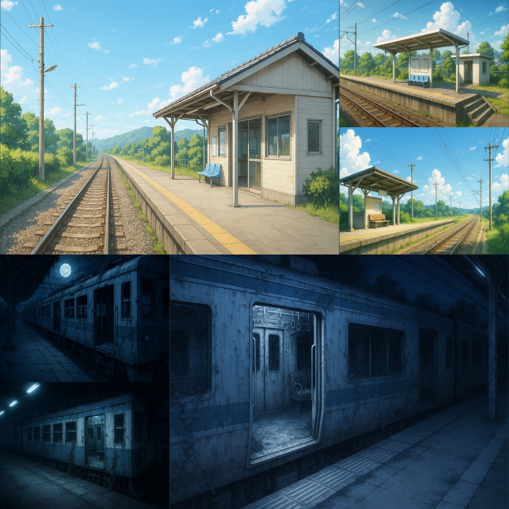 【TRPG背景素材】不穏な通学パック69枚|駐輪場・通学路・空き地・無人駅・校門・住宅街・バス停・無人電車etc