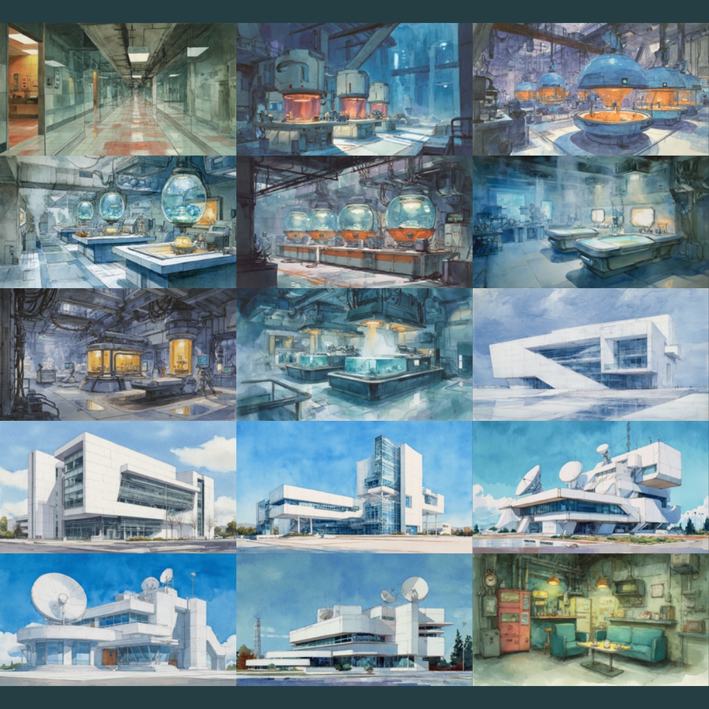 【TRPG背景素材】研究所/水彩画風 156枚|近未来・階段・エントランス・実験室・資料保管庫・培養槽・休憩室・隔離エリア・螺旋階段・非常階段・研究所外観