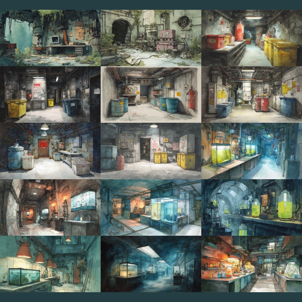 【TRPG背景素材】研究所/水彩画風 156枚|近未来・階段・エントランス・実験室・資料保管庫・培養槽・休憩室・隔離エリア・螺旋階段・非常階段・研究所外観