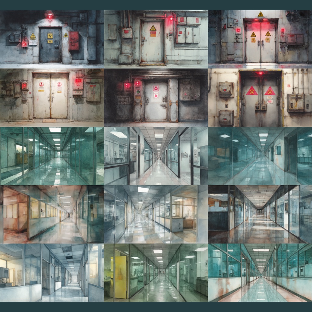 【TRPG背景素材】研究所/水彩画風 156枚|近未来・階段・エントランス・実験室・資料保管庫・培養槽・休憩室・隔離エリア・螺旋階段・非常階段・研究所外観