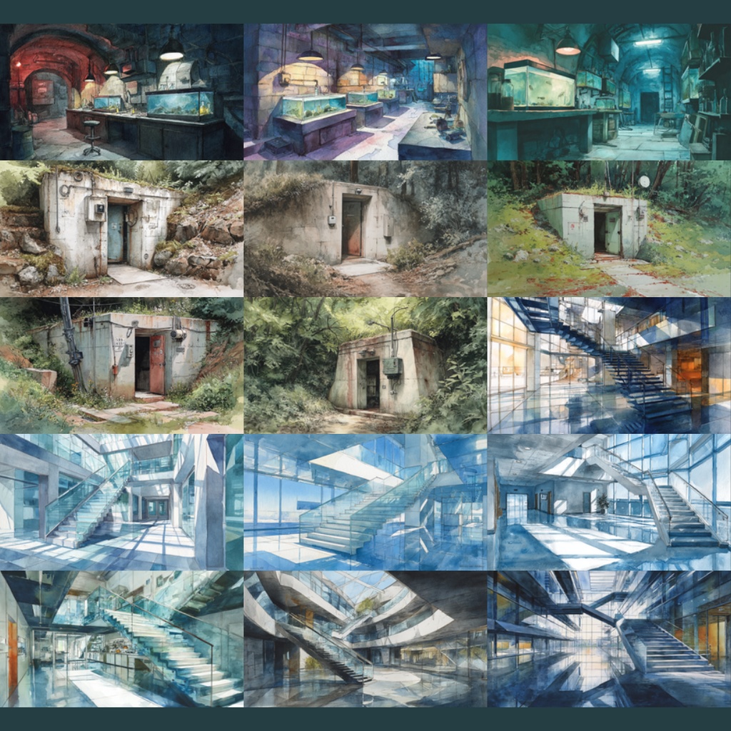 【TRPG背景素材】研究所/水彩画風 156枚|近未来・階段・エントランス・実験室・資料保管庫・培養槽・休憩室・隔離エリア・螺旋階段・非常階段・研究所外観