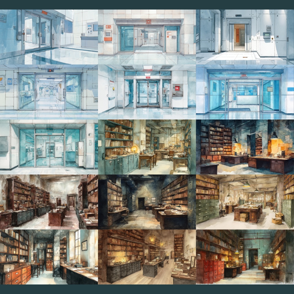 【TRPG背景素材】研究所/水彩画風 156枚|近未来・階段・エントランス・実験室・資料保管庫・培養槽・休憩室・隔離エリア・螺旋階段・非常階段・研究所外観