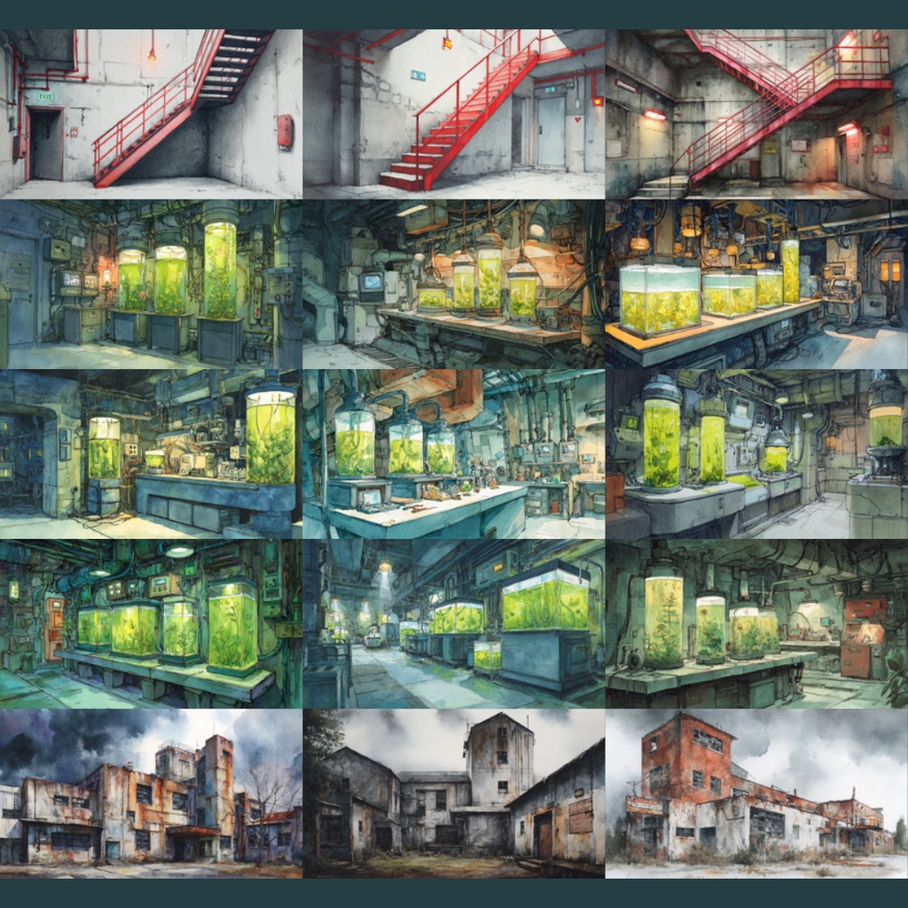 【TRPG背景素材】研究所/水彩画風 156枚|近未来・階段・エントランス・実験室・資料保管庫・培養槽・休憩室・隔離エリア・螺旋階段・非常階段・研究所外観