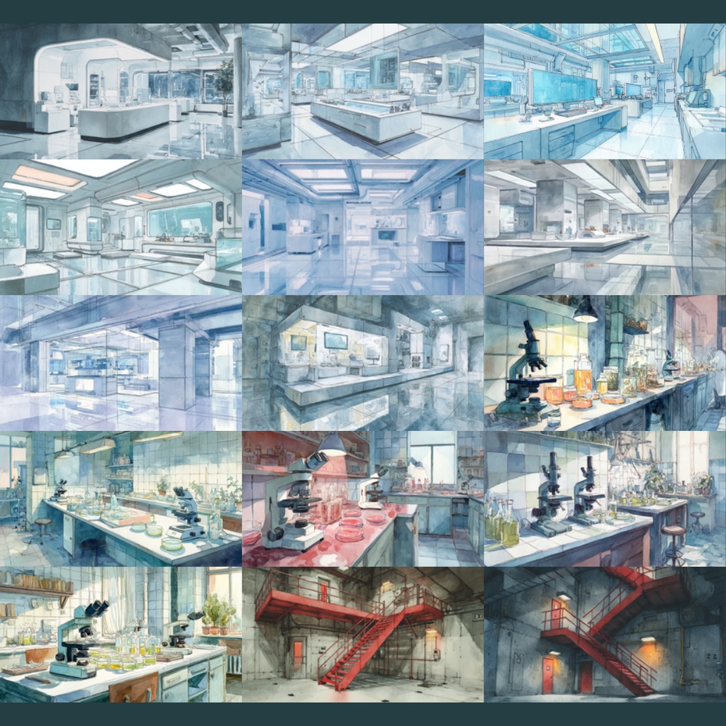 【TRPG背景素材】研究所/水彩画風 156枚|近未来・階段・エントランス・実験室・資料保管庫・培養槽・休憩室・隔離エリア・螺旋階段・非常階段・研究所外観