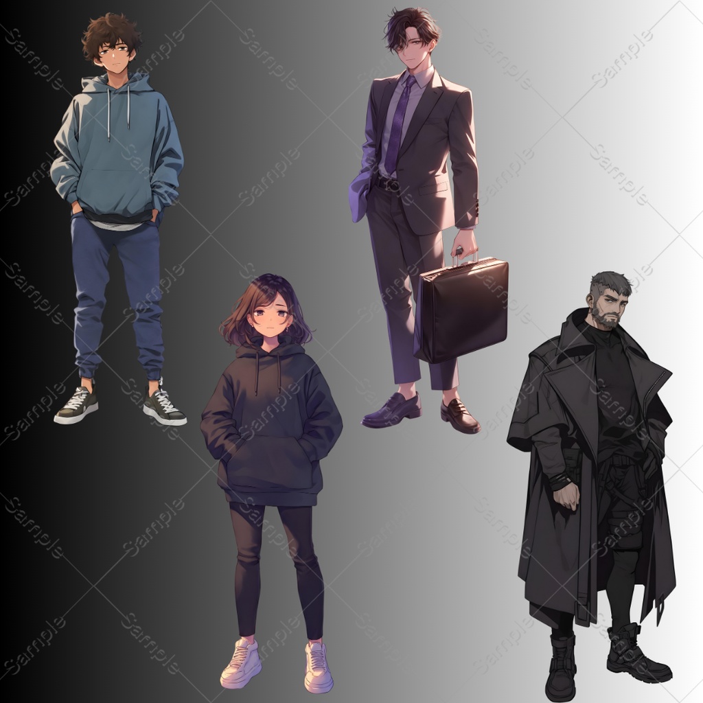 【立ち絵素材】4キャラクター×表情差分20種|80点|TRPG・ゲーム素材・配信素材|男性・女性・殺し屋・サラリーマン