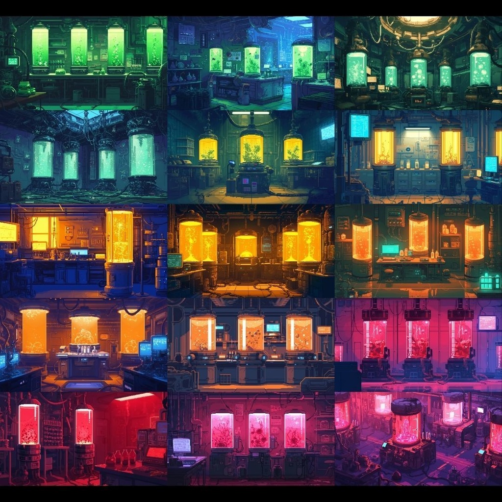 【背景素材】 研究所 ドット絵風 260枚|培養室•冷却室•魔導研究室•廊下•階段•ロビー•休憩室•外観etc(TRPG, マダミス, ココフォリア, ゲーム)