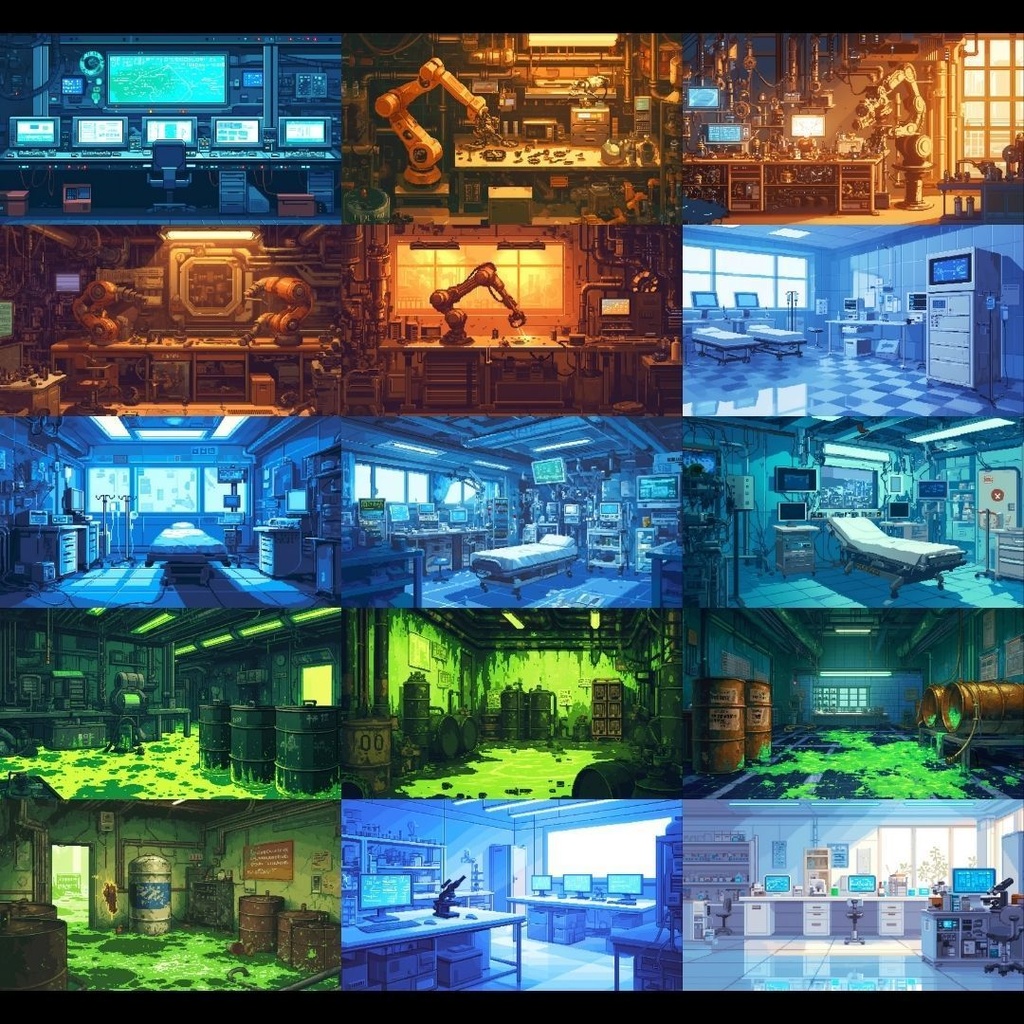 【背景素材】 研究所 ドット絵風 260枚|培養室•冷却室•魔導研究室•廊下•階段•ロビー•休憩室•外観etc(TRPG, マダミス, ココフォリア, ゲーム)