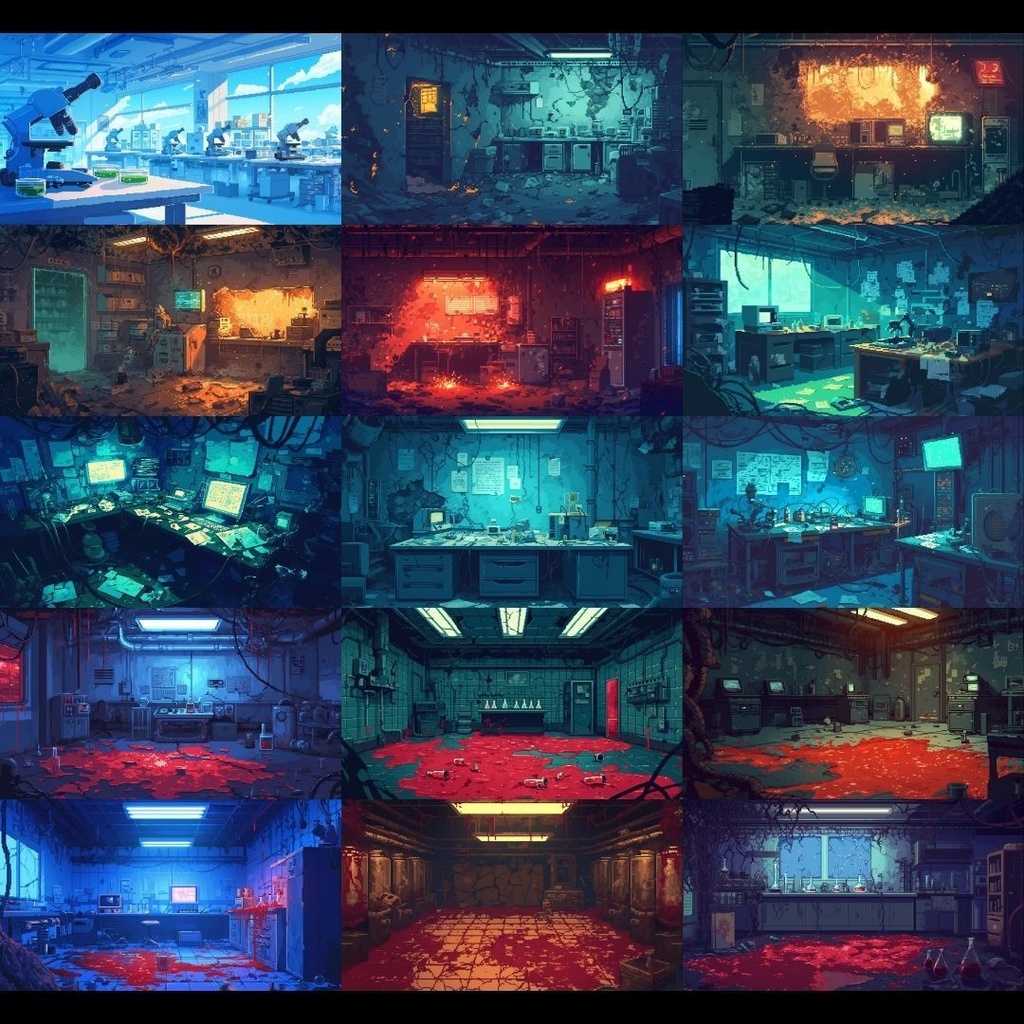 【背景素材】 研究所 ドット絵風 260枚|培養室•冷却室•魔導研究室•廊下•階段•ロビー•休憩室•外観etc(TRPG, マダミス, ココフォリア, ゲーム)