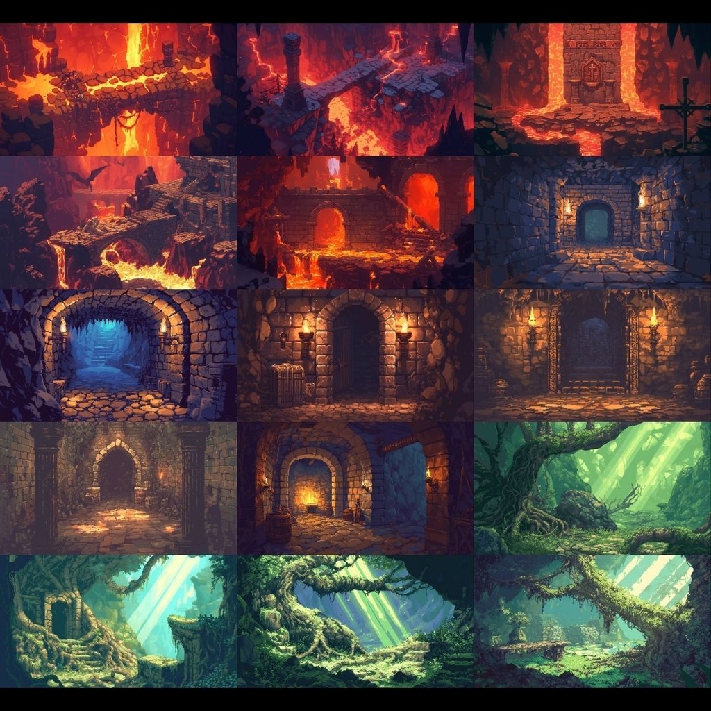 【背景素材】 ダンジョン ドット絵風 380枚|洞窟•祭壇•通路•入り口•村•牢獄•村•神殿•宝石庫•墓•部屋etc(TRPG, マダミス, ココフォリア, ゲーム)