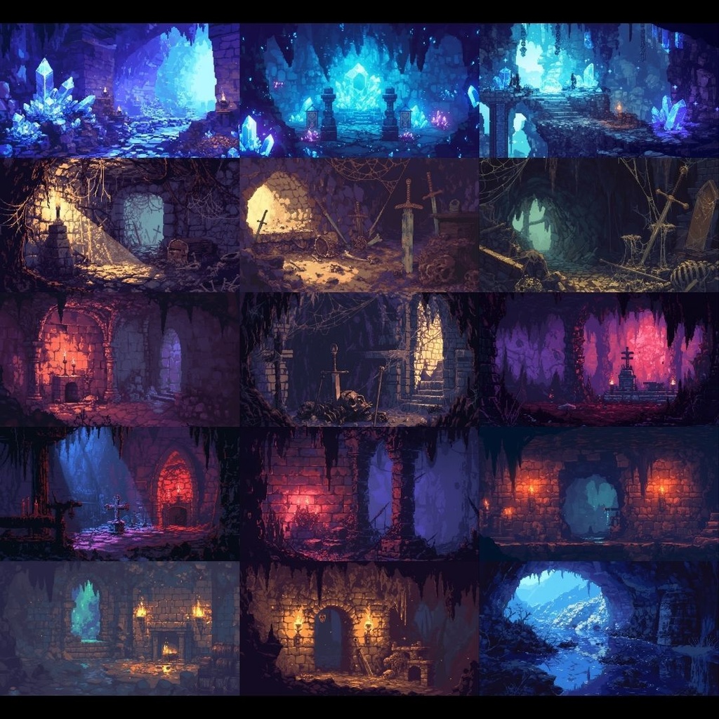 【背景素材】 ダンジョン ドット絵風 380枚|洞窟•祭壇•通路•入り口•村•牢獄•村•神殿•宝石庫•墓•部屋etc(TRPG, マダミス, ココフォリア, ゲーム)