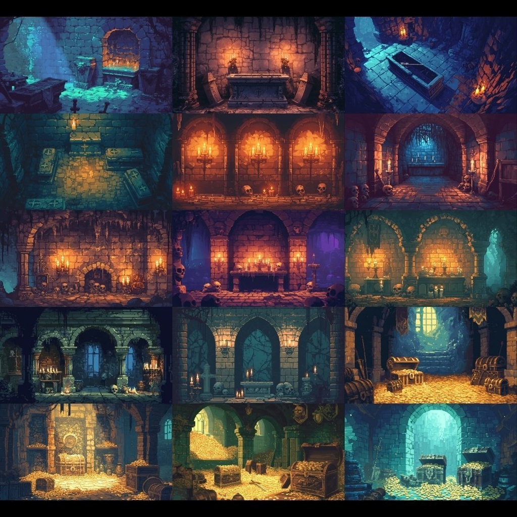 【背景素材】 ダンジョン ドット絵風 380枚|洞窟•祭壇•通路•入り口•村•牢獄•村•神殿•宝石庫•墓•部屋etc(TRPG, マダミス, ココフォリア, ゲーム)