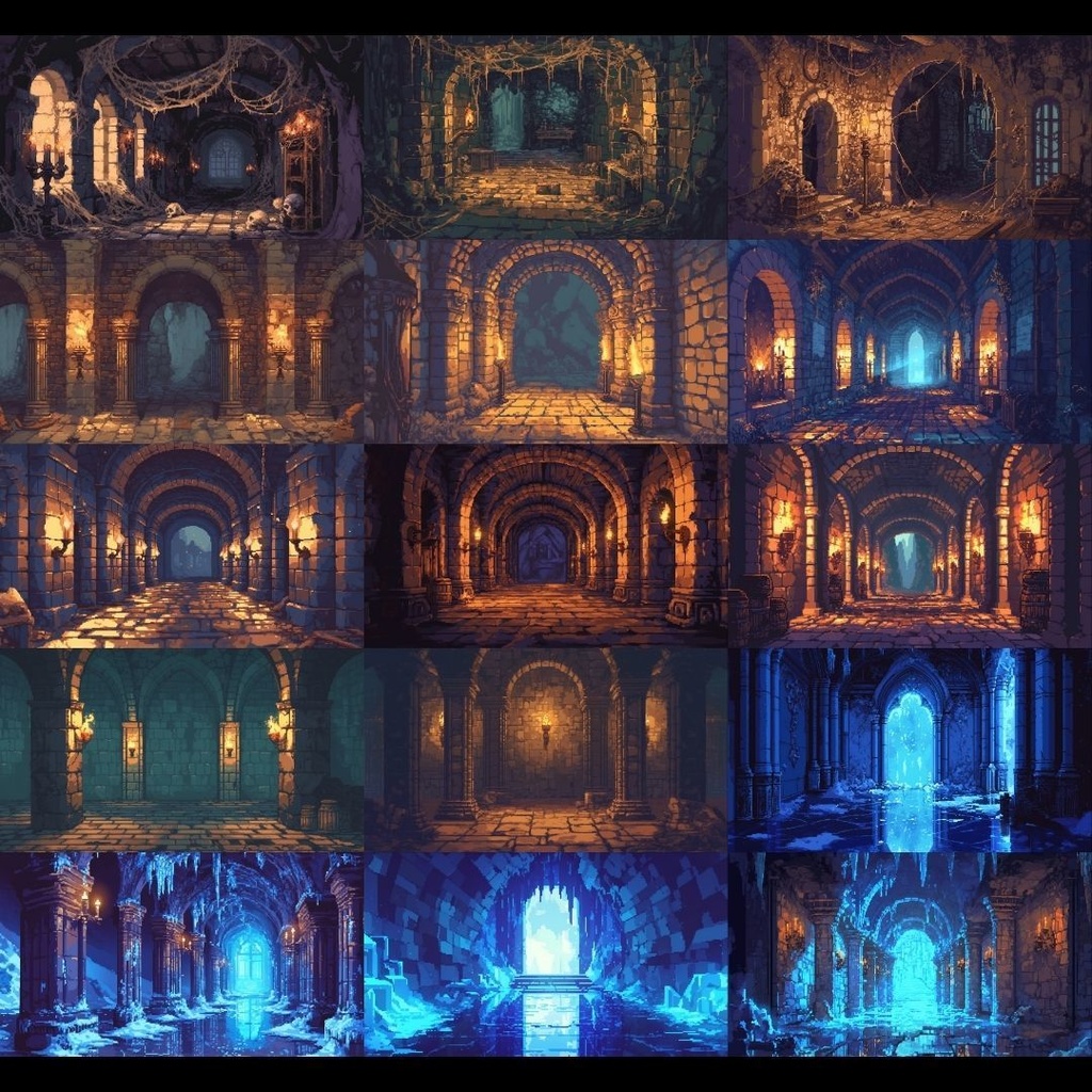 【背景素材】 ダンジョン ドット絵風 380枚|洞窟•祭壇•通路•入り口•村•牢獄•村•神殿•宝石庫•墓•部屋etc(TRPG, マダミス, ココフォリア, ゲーム)