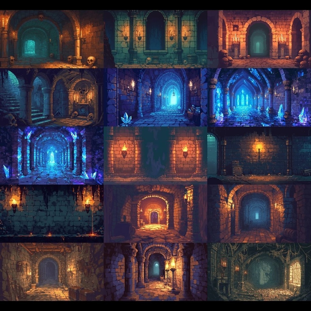 【背景素材】 ダンジョン ドット絵風 380枚|洞窟•祭壇•通路•入り口•村•牢獄•村•神殿•宝石庫•墓•部屋etc(TRPG, マダミス, ココフォリア, ゲーム)