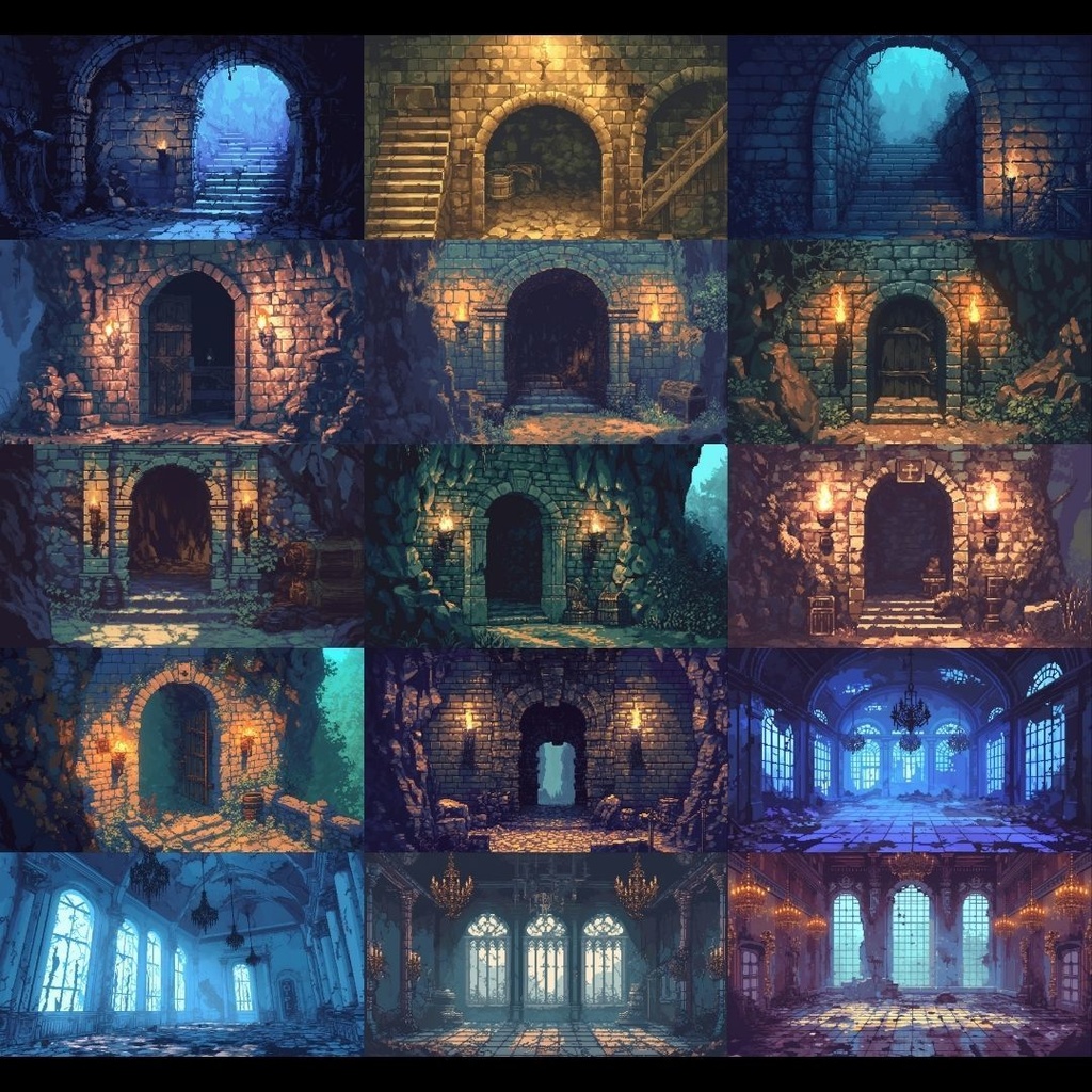 【背景素材】 ダンジョン ドット絵風 380枚|洞窟•祭壇•通路•入り口•村•牢獄•村•神殿•宝石庫•墓•部屋etc(TRPG, マダミス, ココフォリア, ゲーム)