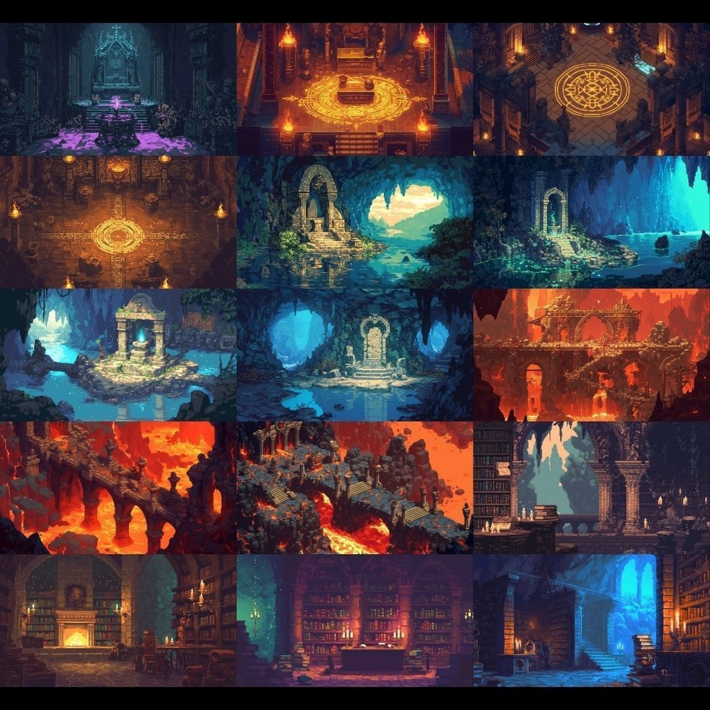 【背景素材】 ダンジョン ドット絵風 380枚|洞窟•祭壇•通路•入り口•村•牢獄•村•神殿•宝石庫•墓•部屋etc(TRPG, マダミス, ココフォリア, ゲーム)