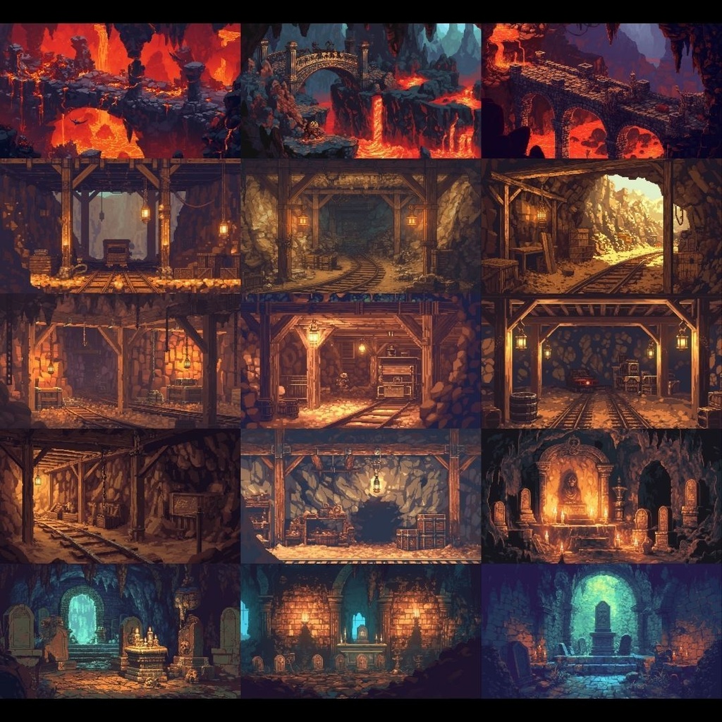 【背景素材】 ダンジョン ドット絵風 380枚|洞窟•祭壇•通路•入り口•村•牢獄•村•神殿•宝石庫•墓•部屋etc(TRPG, マダミス, ココフォリア, ゲーム)