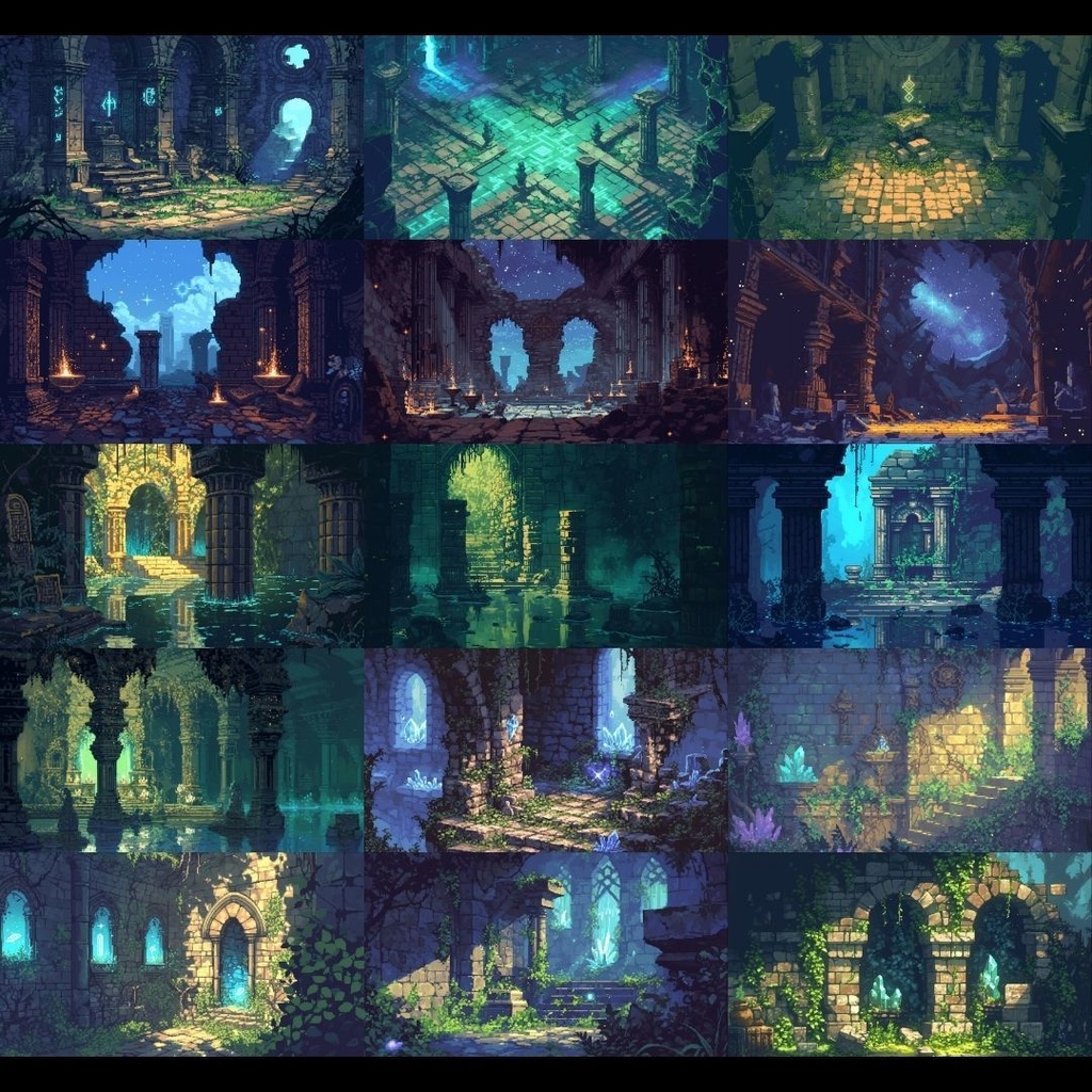 【背景素材】 ダンジョン ドット絵風 380枚|洞窟•祭壇•通路•入り口•村•牢獄•村•神殿•宝石庫•墓•部屋etc(TRPG, マダミス, ココフォリア, ゲーム)