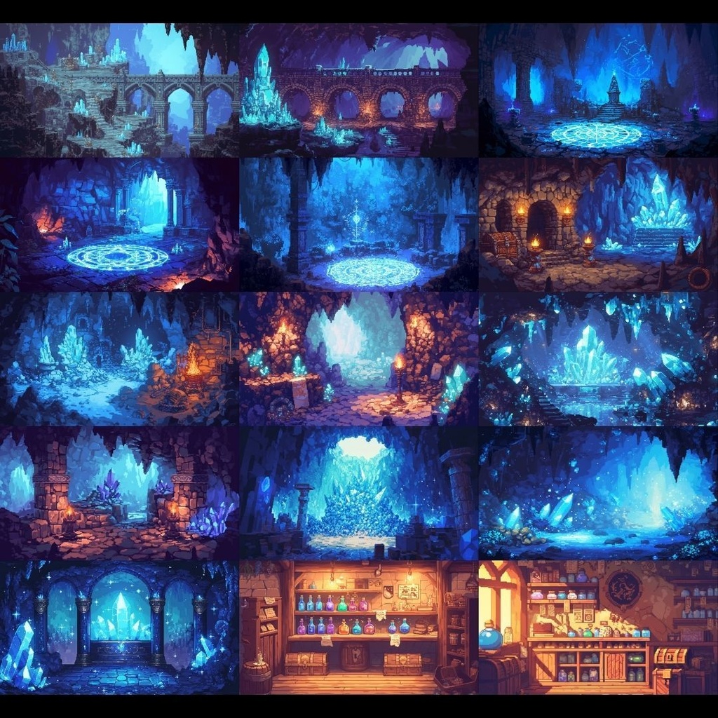 【背景素材】 ダンジョン ドット絵風 380枚|洞窟•祭壇•通路•入り口•村•牢獄•村•神殿•宝石庫•墓•部屋etc(TRPG, マダミス, ココフォリア, ゲーム)