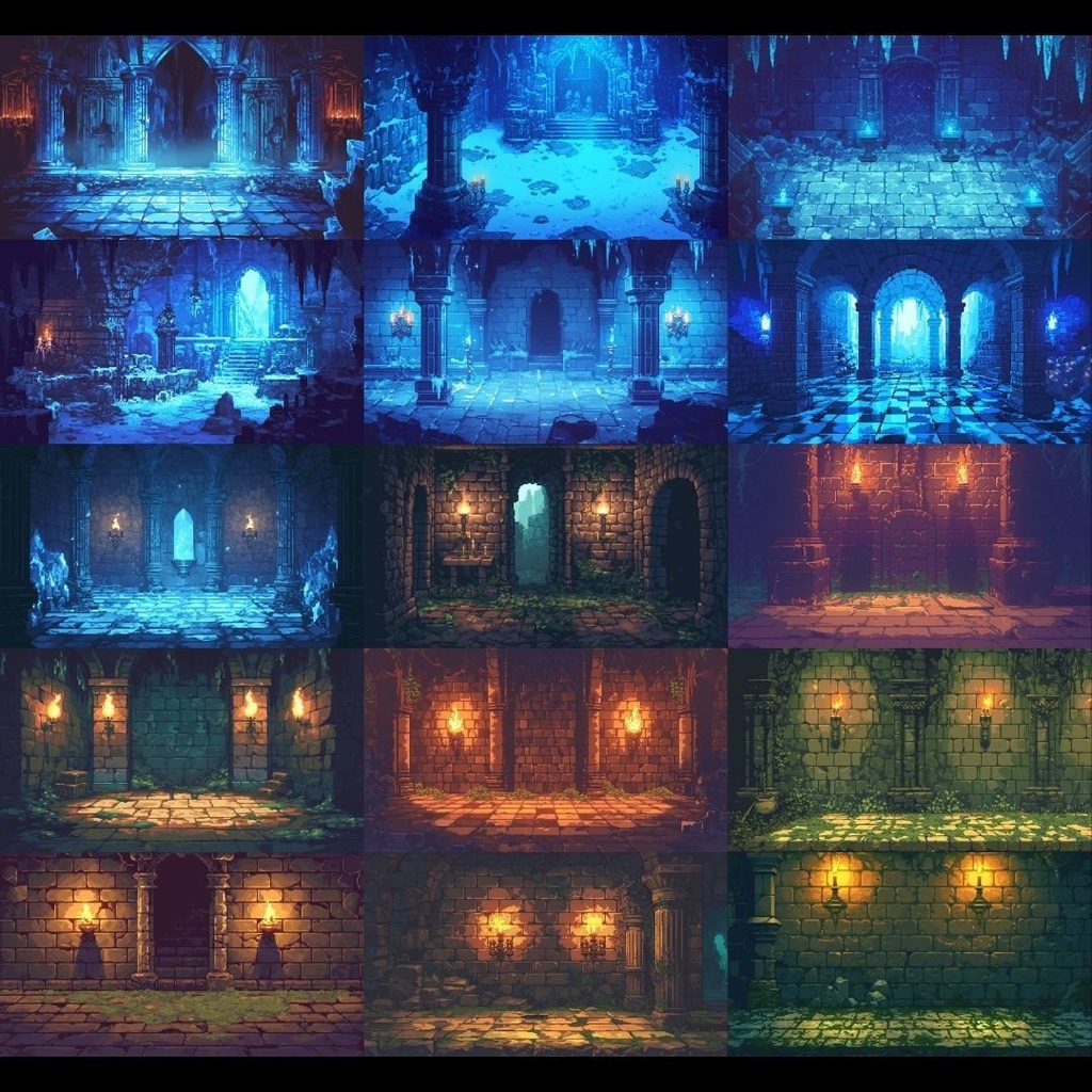 【背景素材】 ダンジョン ドット絵風 380枚|洞窟•祭壇•通路•入り口•村•牢獄•村•神殿•宝石庫•墓•部屋etc(TRPG, マダミス, ココフォリア, ゲーム)