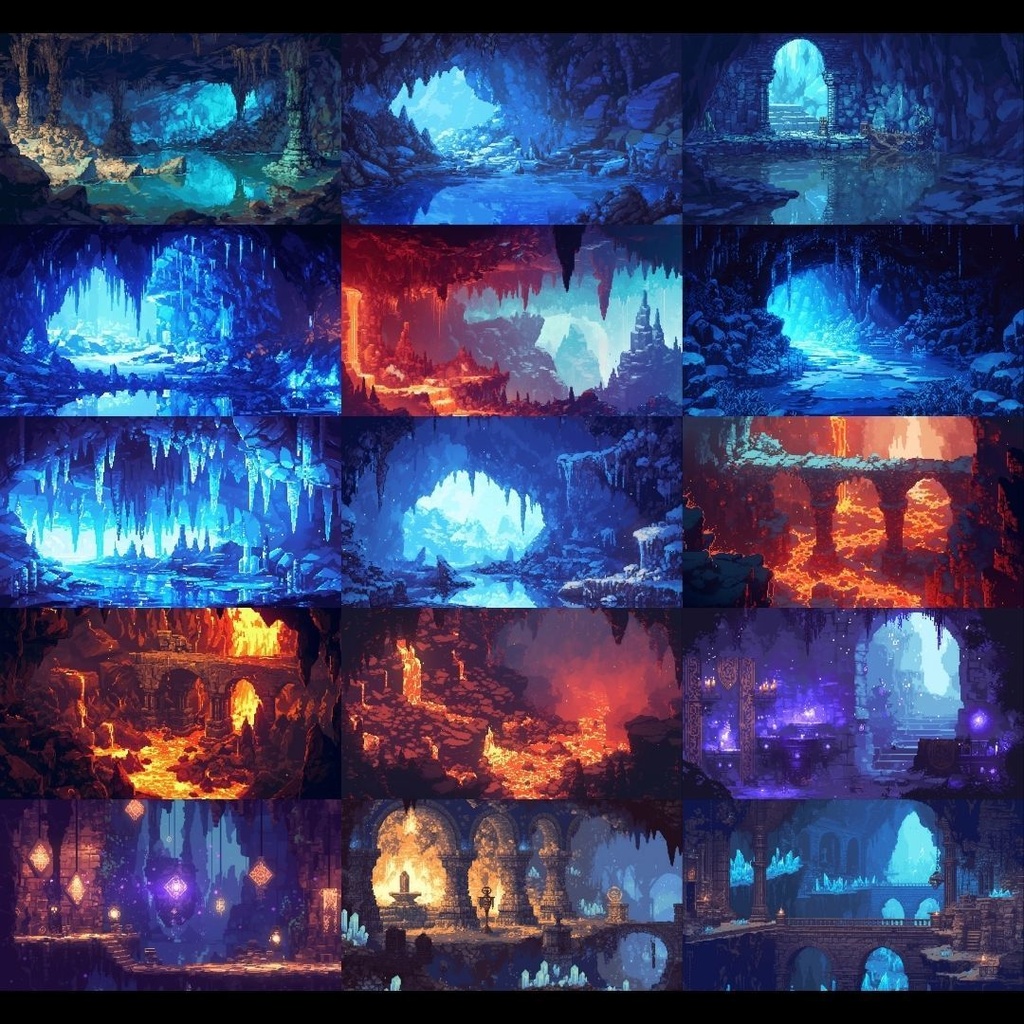 【背景素材】 ダンジョン ドット絵風 380枚|洞窟•祭壇•通路•入り口•村•牢獄•村•神殿•宝石庫•墓•部屋etc(TRPG, マダミス, ココフォリア, ゲーム)